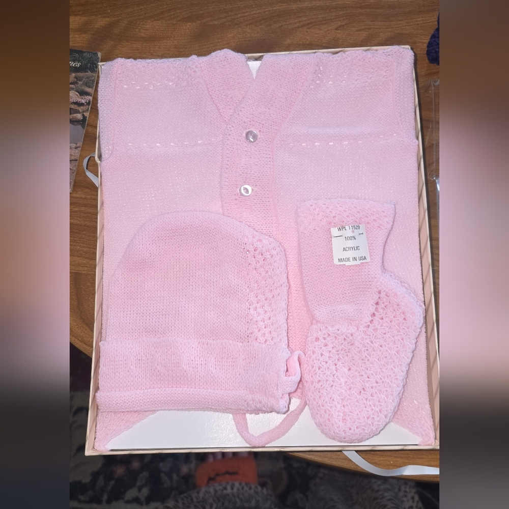 Heidi Pink Knit Baby Set Sweater, Sock And Bonnet